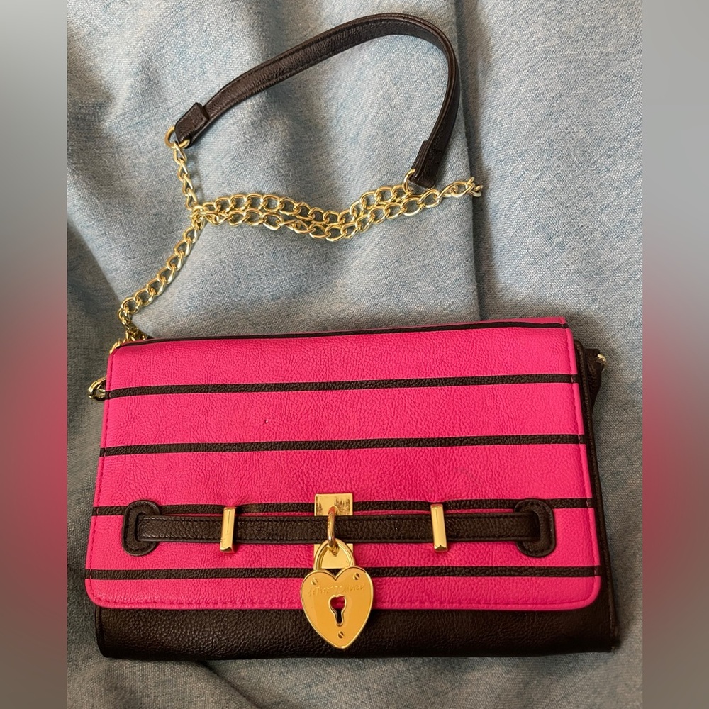 Betsey Johnson Stripe Black & Fuchsia Crossbody Bag